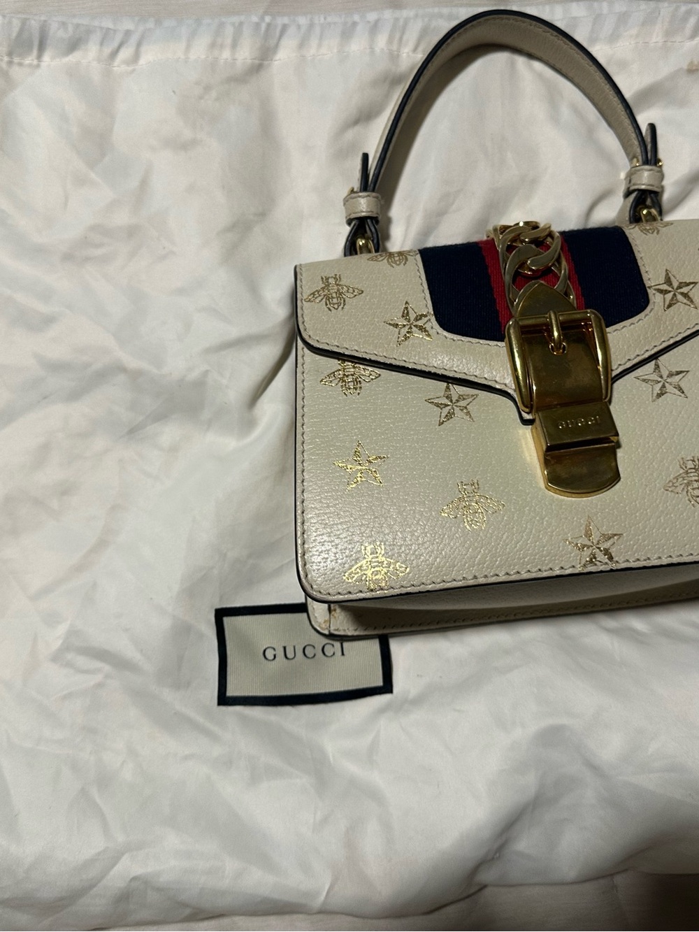 Gucci Cream Leather Top-Handle Satchel with Navy and Red Web Stripe - Picture 9 of 12